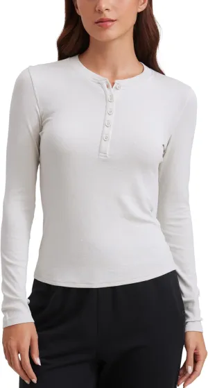 CRZ YOGA Ribbed Modal Casual Long Sleeve Henley Shirts for Women Soft Stretchy Knit Layering Basic Fitted Athletic Tops