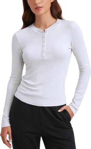 CRZ YOGA Ribbed Modal Casual Long Sleeve Henley Shirts for Women Soft Stretchy Knit Layering Basic Fitted Athletic Tops