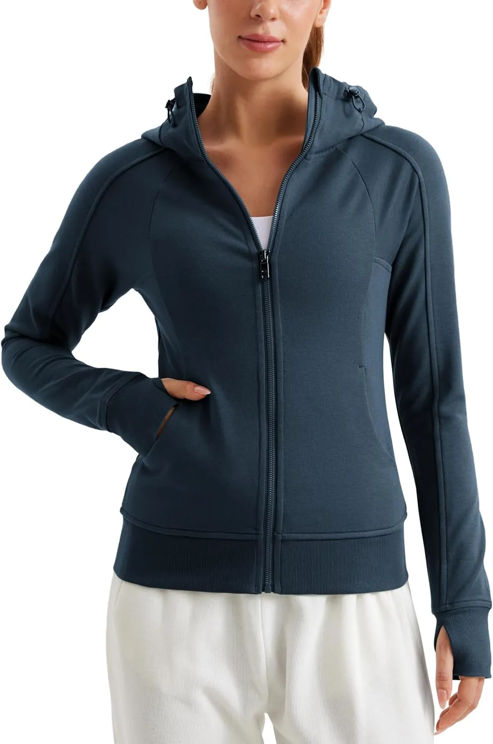 CRZ YOGA Womens Fleece Full Zip Hoodie Jackets Workout Hooded Zipper Basic Casual Sweatshirts with Thumb Holes