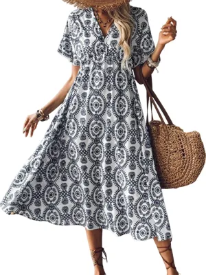 CUPSHE Women Ruffle Boho Midi Summer Dress Paisley V Neck Short Sleeve High Waist Elastic Casual Spring Beach Dresses