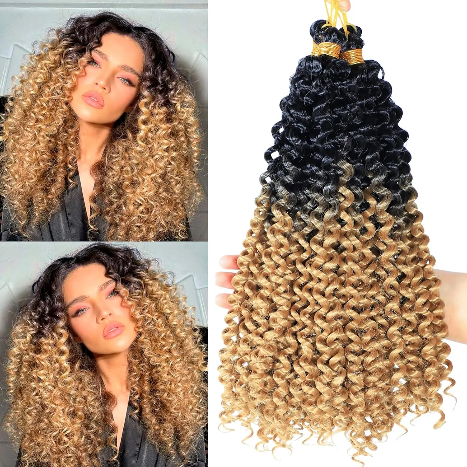Curly Crochet Hair Water Wave Crochet Hair 14inch 5Pack Honey Blonde Ombre Curly Braiding Hair for Black Women Marlybob Crochet Hair(1b/27#, 500g/Lot)