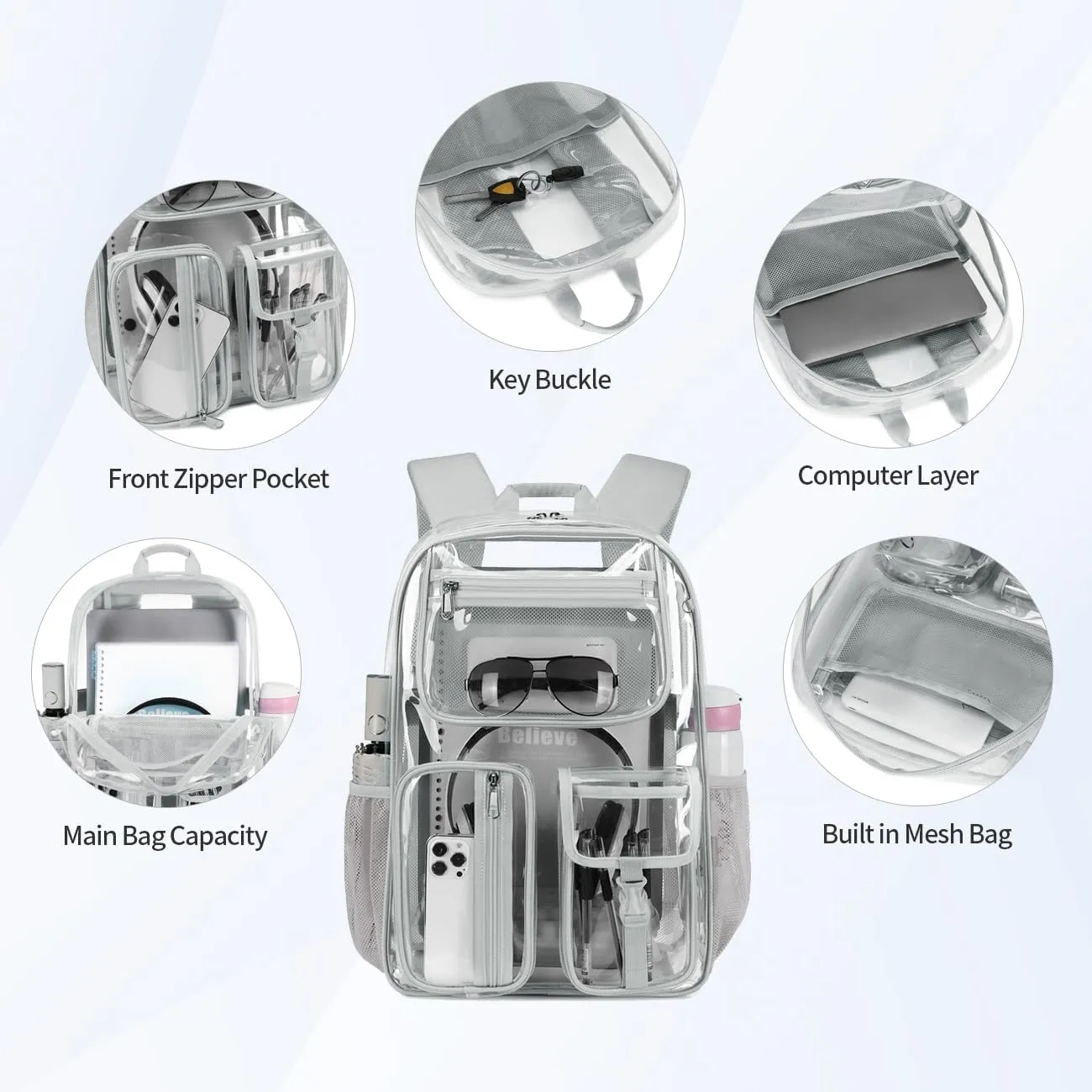 Cusangel Clear XL Backpack for Men Women TPU X-Large Heavy Duty See Through Transparent bookbag for Sport Event,Stadium Events (17.5in-Grey)