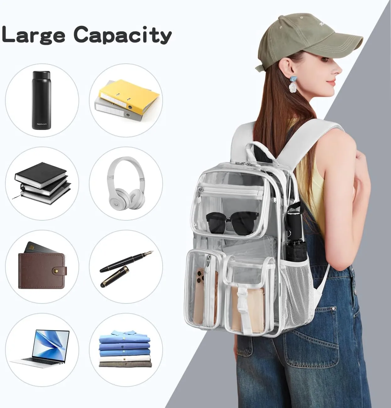 Cusangel Clear XL Backpack for Men Women TPU X-Large Heavy Duty See Through Transparent bookbag for Sport Event,Stadium Events (17.5in-Grey)