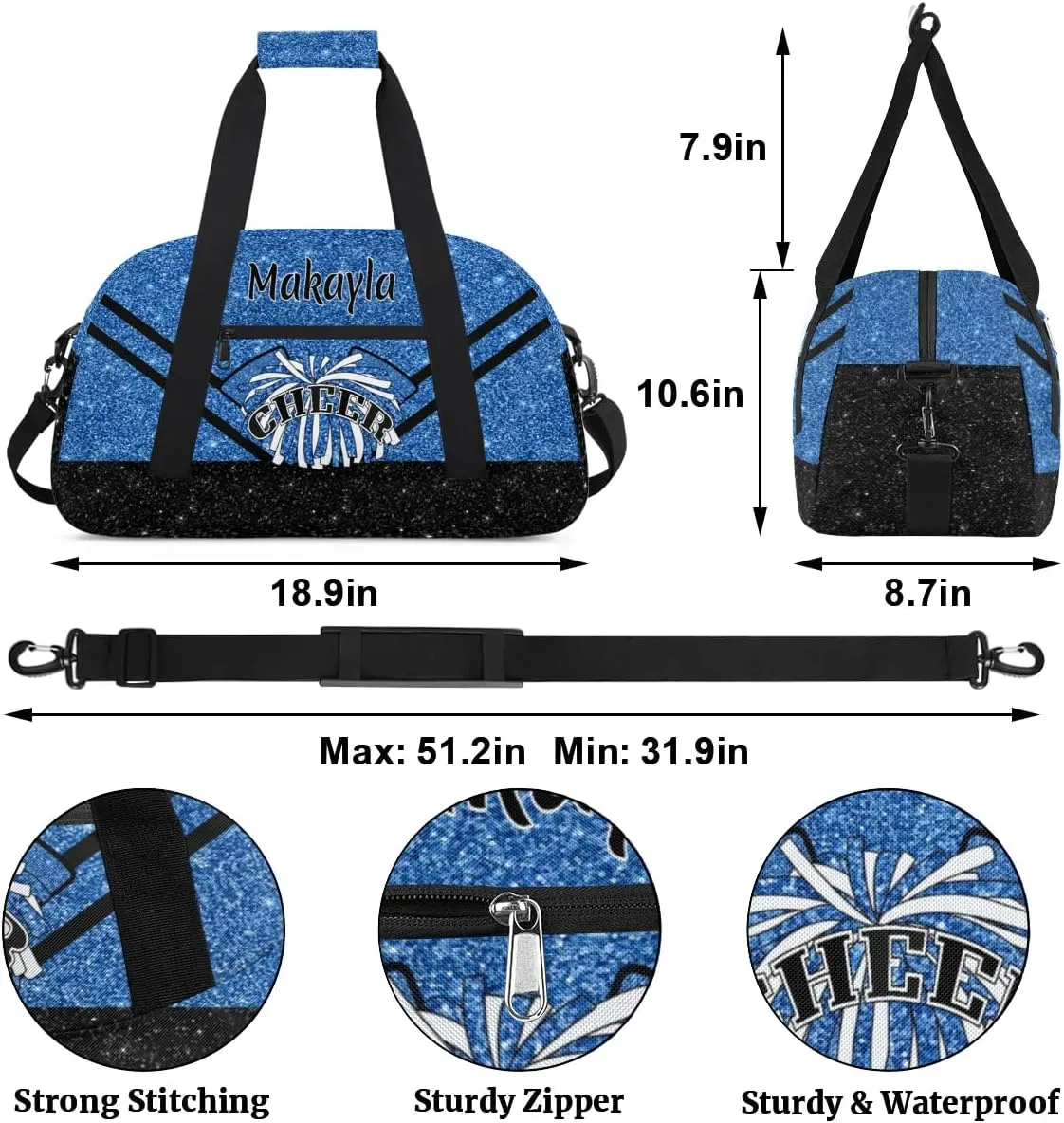 Custom Cheer Duffle Bags with Name and Team Name Personalized Cheerleader Bag Dance Bag for Girls Weekend Travel Bag