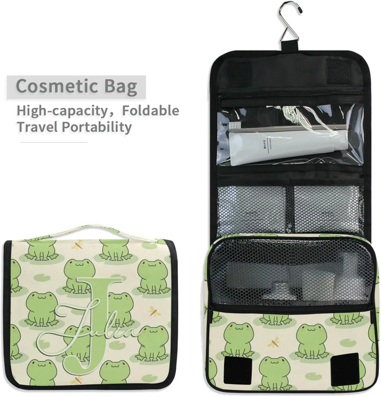 Custom Cute Frog Travel Hanging Toiletry Bag Personalized Makeup Large Customized Cosmetic Bag Cosmetic Holder Waterproof for Women Girl Toiletries Cosmetics