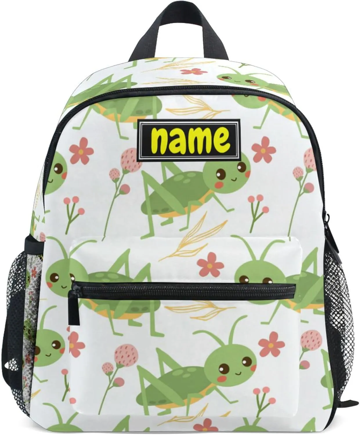Custom Kid's Name Backpack, Grasshoppers and Flowers Cute Toddler Backpack for Boys Girls Personalized Name Preschool Bookbag