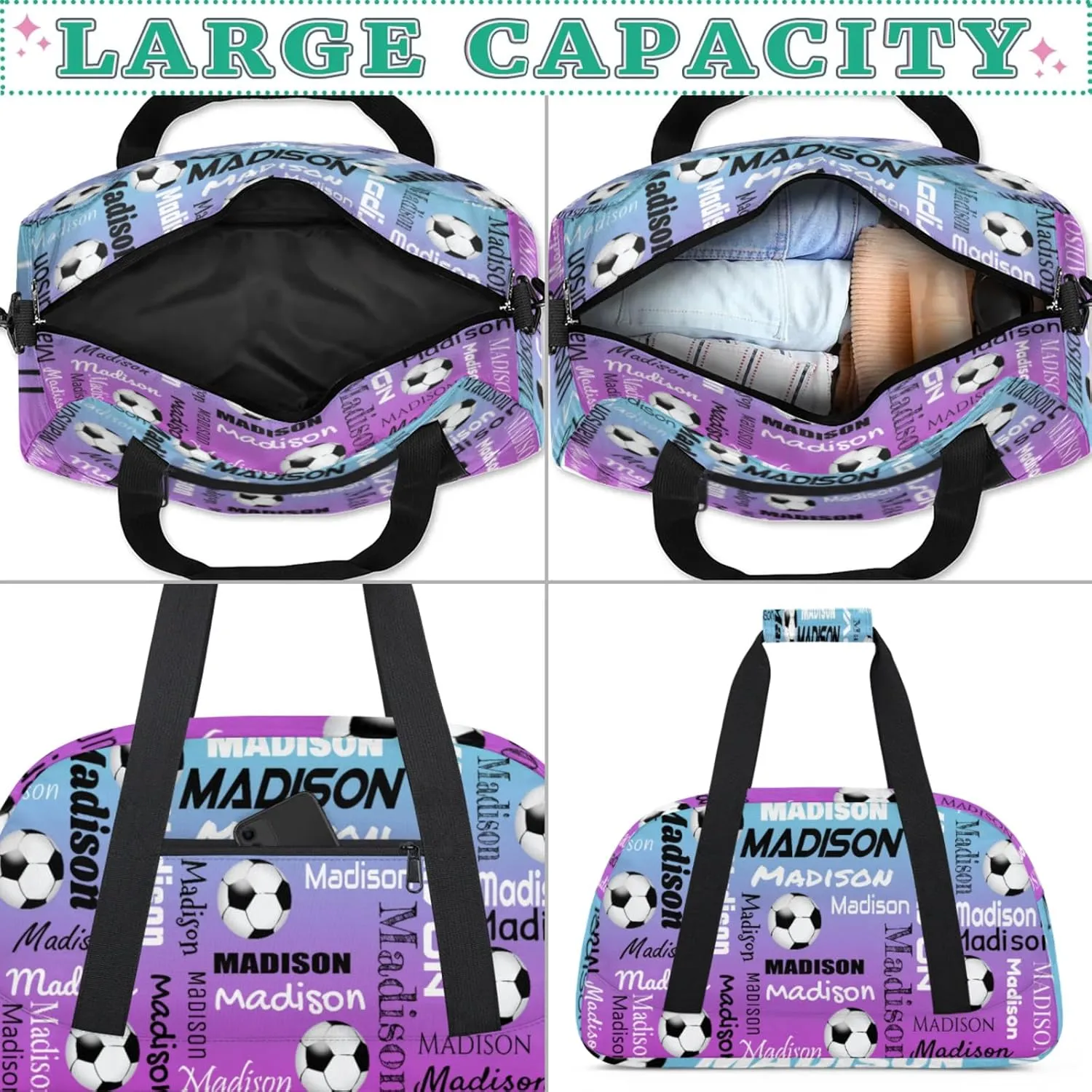 Custom Soccer Gym Bag Duffel Bag for Women Men, Personalized Name Travel Sport Bags Customized Footballs Bag, Blue Purple Gradient