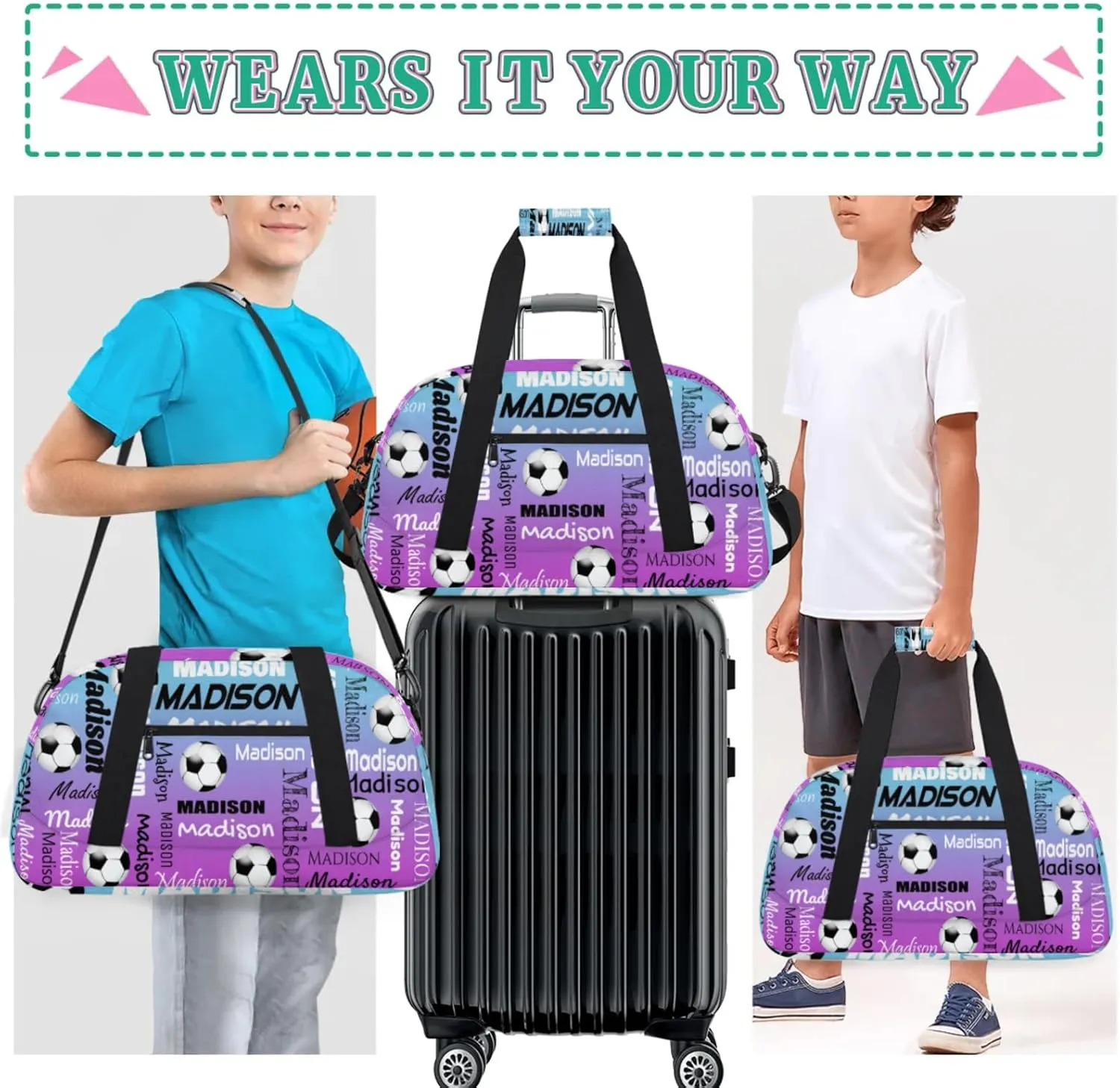 Custom Soccer Gym Bag Duffel Bag for Women Men, Personalized Name Travel Sport Bags Customized Footballs Bag, Blue Purple Gradient