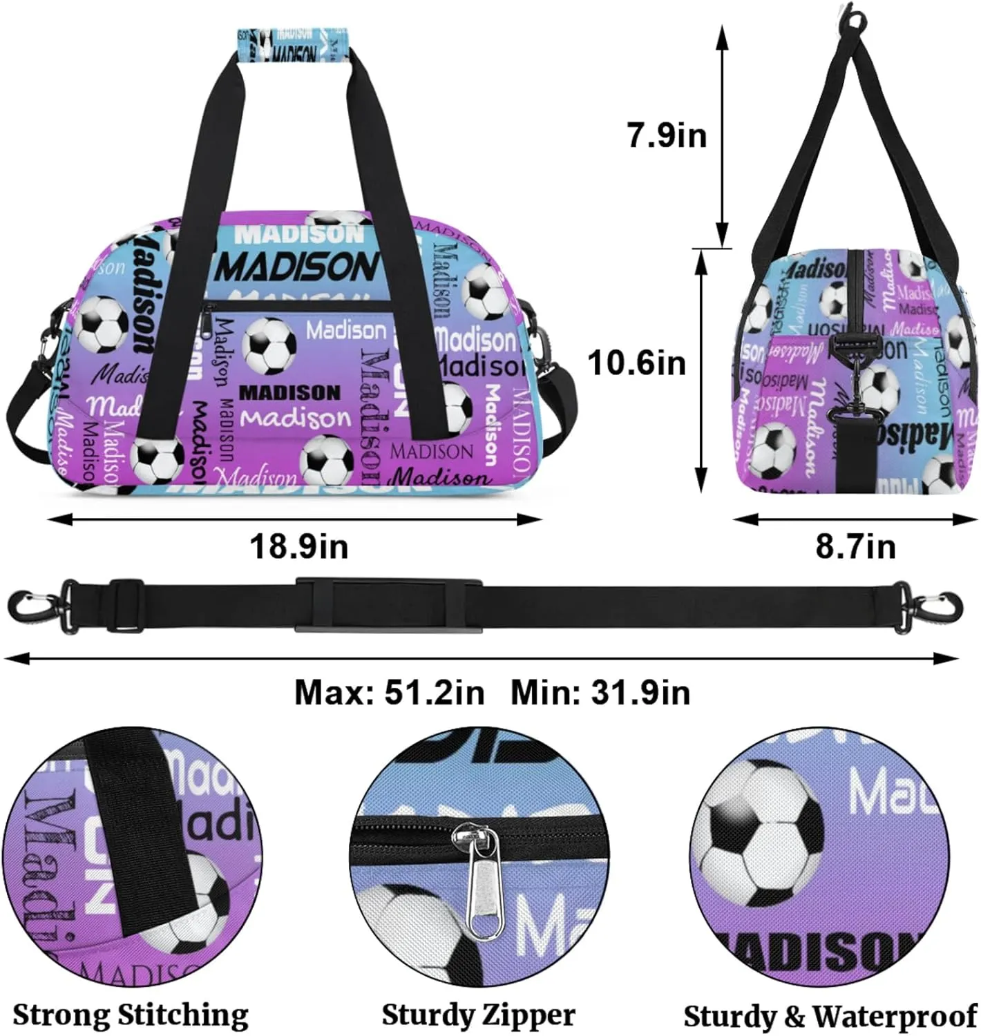 Custom Soccer Gym Bag Duffel Bag for Women Men, Personalized Name Travel Sport Bags Customized Footballs Bag, Blue Purple Gradient