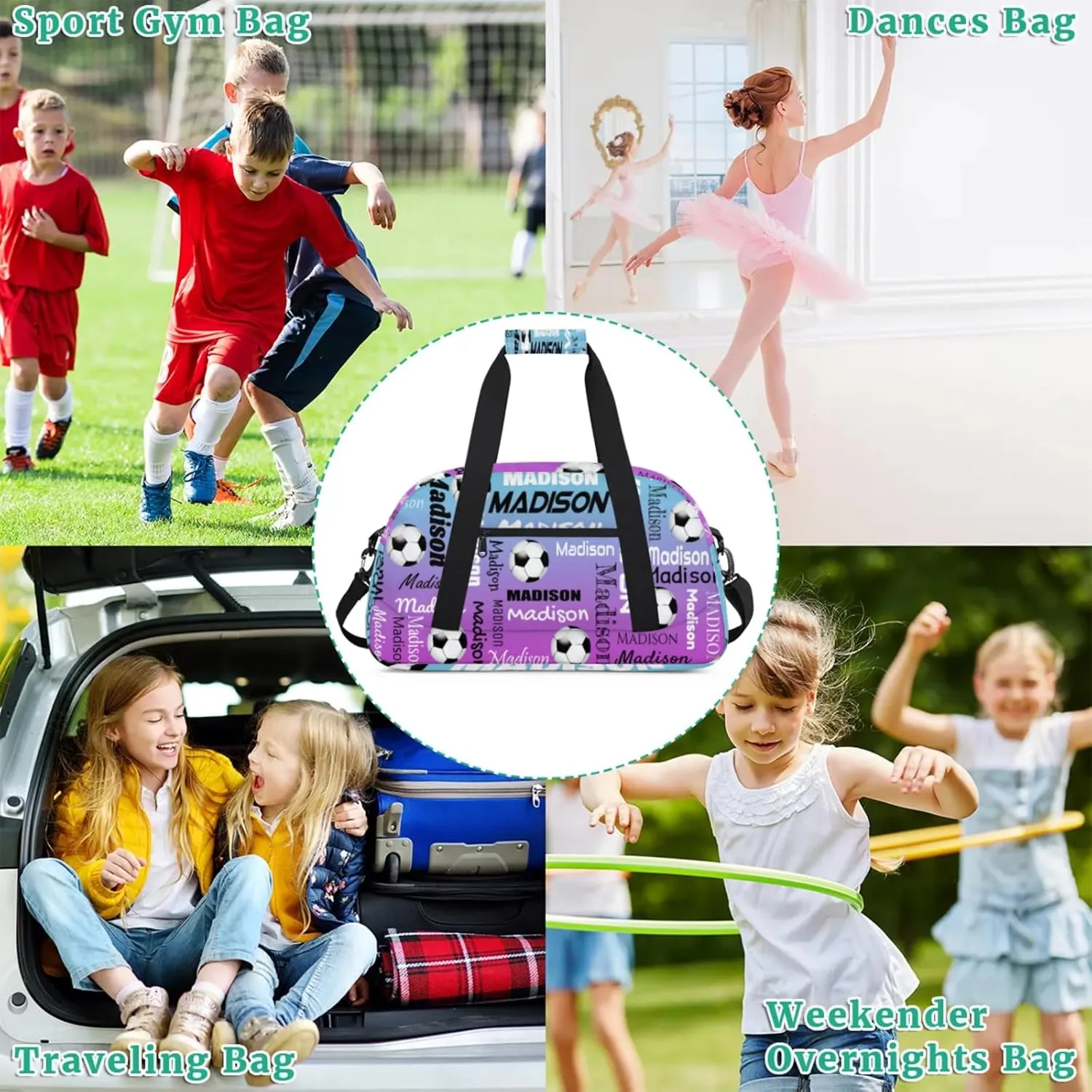 Custom Soccer Gym Bag Duffel Bag for Women Men, Personalized Name Travel Sport Bags Customized Footballs Bag, Blue Purple Gradient