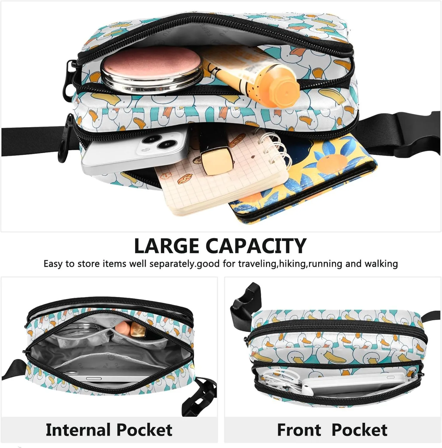 Customized Cartoon Duck Cute Fanny Packs Women Waterproof Belt Bags Hip Pack Hiking Travel Waist Bag