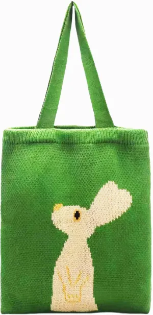 cute bunny tote bag, crochet green tote bag for women, small knitted bag aesthetic boho shoulder bag handbag, kawaii funny bunny graphic bag, green gifts stuff things for women ﻿