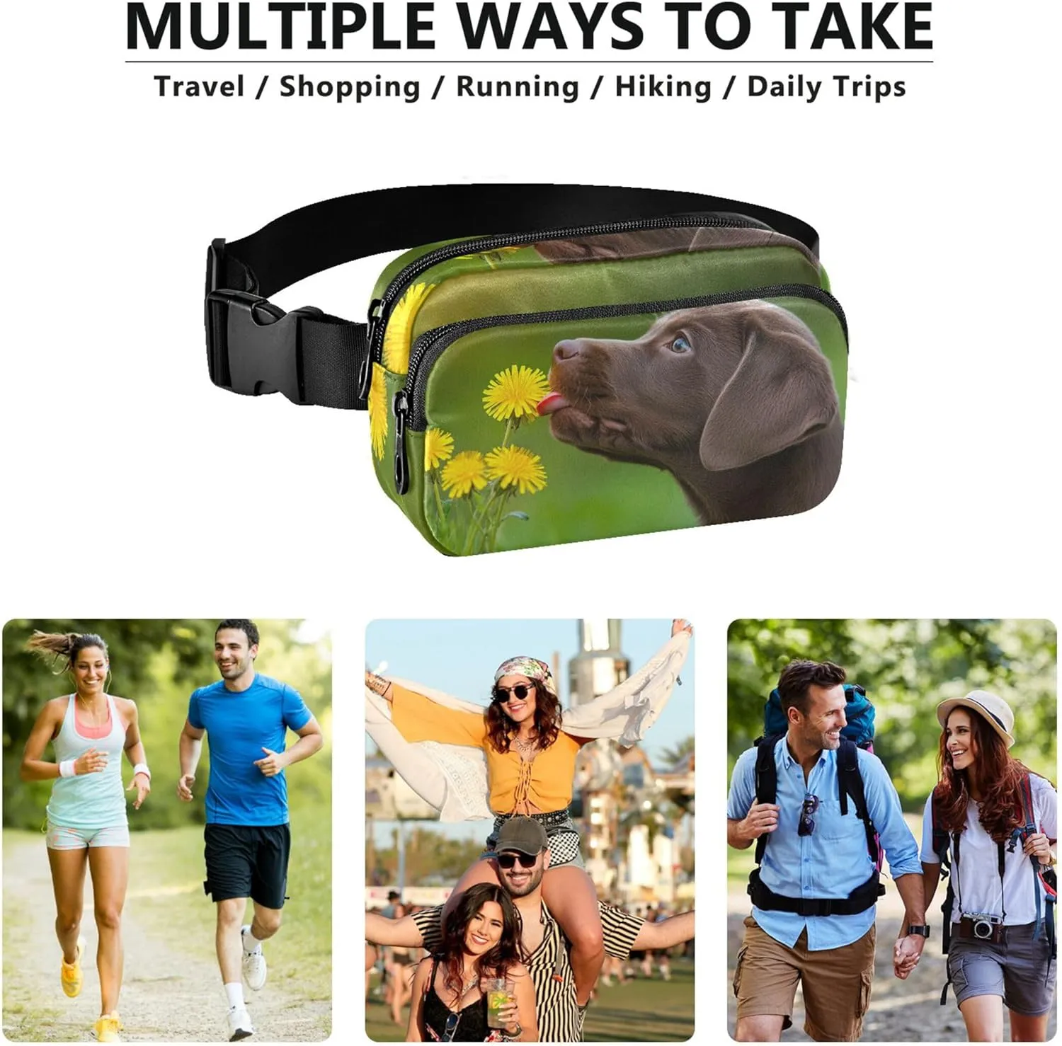Cute Chocolate Labrador Flowers Fanny Pack for Women Flower Belt Bag Hip Pack Waterproof Cross Body Waist Pack