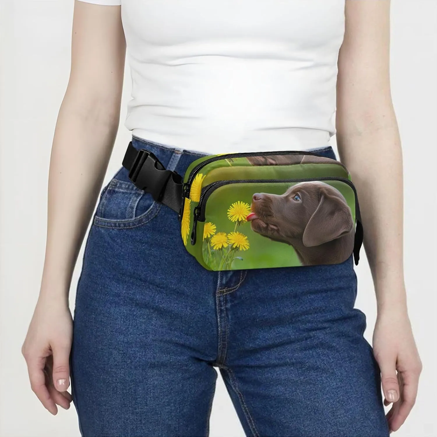 Cute Chocolate Labrador Flowers Fanny Pack for Women Flower Belt Bag Hip Pack Waterproof Cross Body Waist Pack