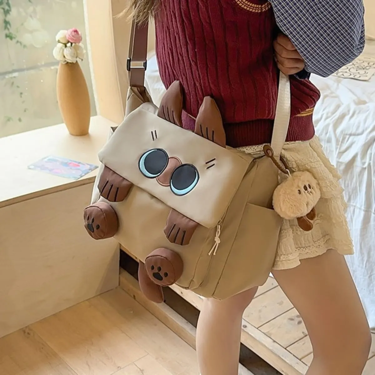Cute Siamese Cat Messenger Bag for Women Crossbody Large Capacity Canvas Purse Daypack Korean Cartoon Square Bag