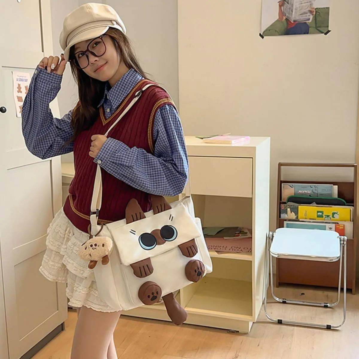 Cute Siamese Cat Messenger Bag for Women Crossbody Large Capacity Canvas Purse Daypack Korean Cartoon Square Bag