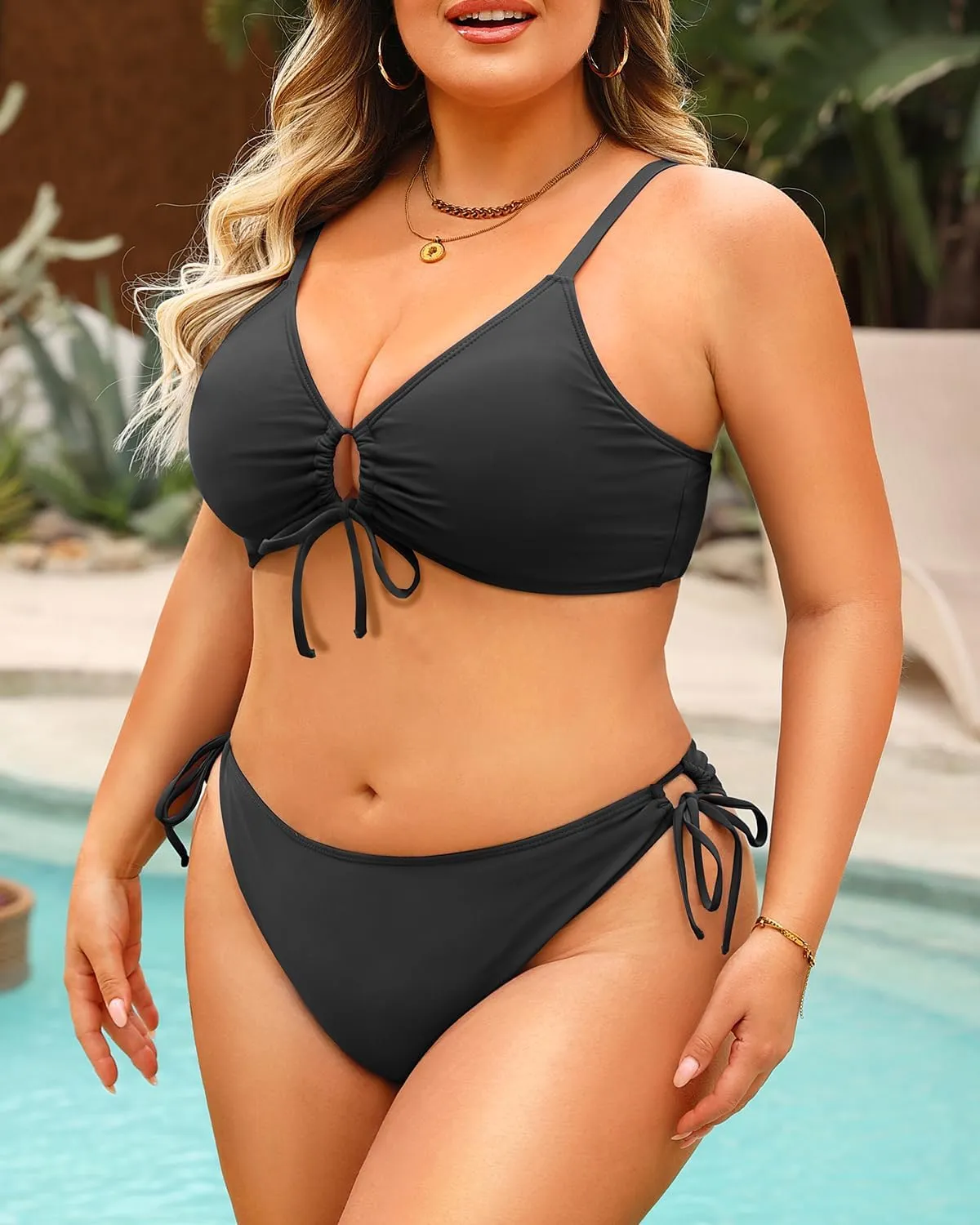 Daci Women's Plus Size Triangle Bikini Set, Sexy Tie Front Two-Piece Swimsuit