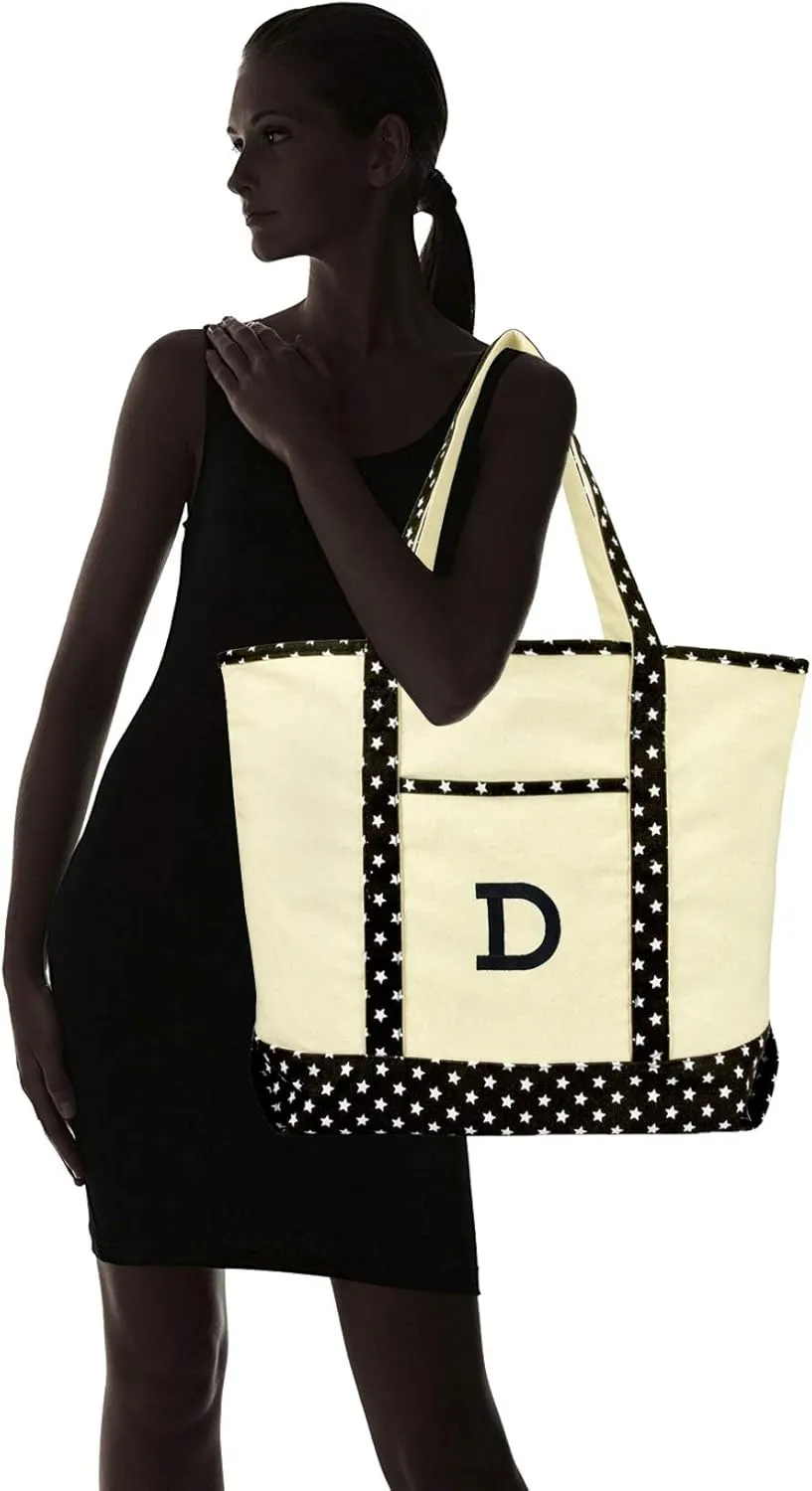 DALIX Initial Tote Bag Personalized Monogram Black Star Zippered Top Letter - D