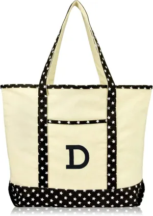 DALIX Initial Tote Bag Personalized Monogram Black Star Zippered Top Letter - D