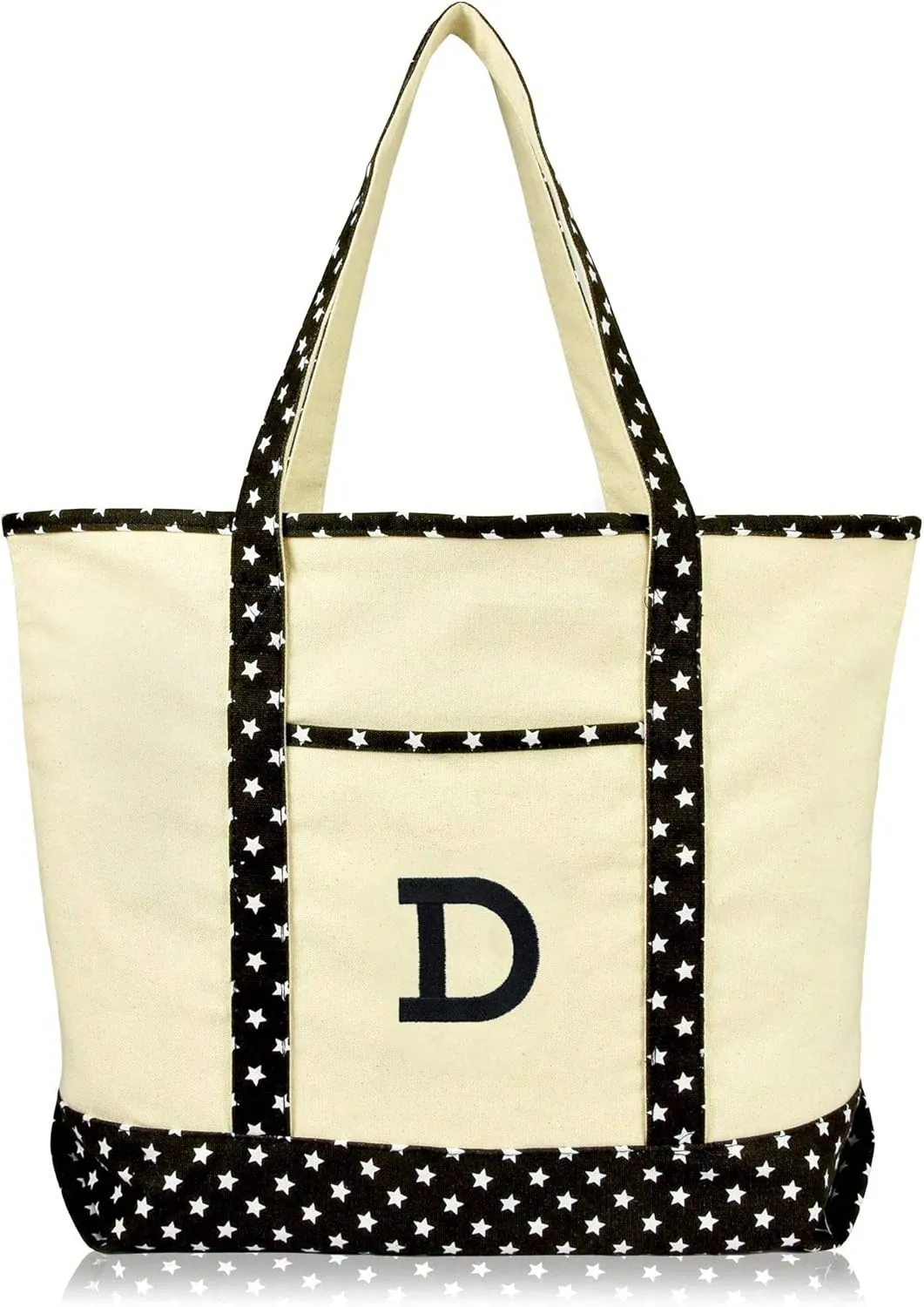 DALIX Initial Tote Bag Personalized Monogram Black Star Zippered Top Letter - D