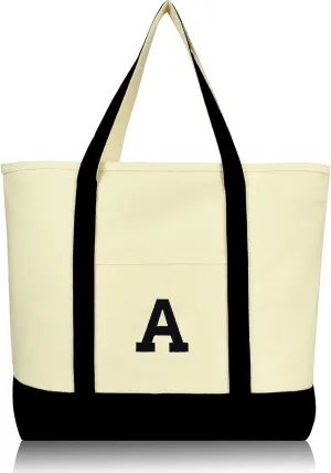 DALIX Initial Tote Bag Personalized Monogram Black Zippered Top Letter - A