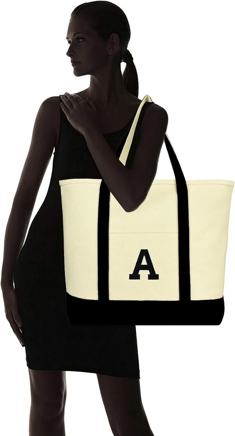 DALIX Initial Tote Bag Personalized Monogram Black Zippered Top Letter - A