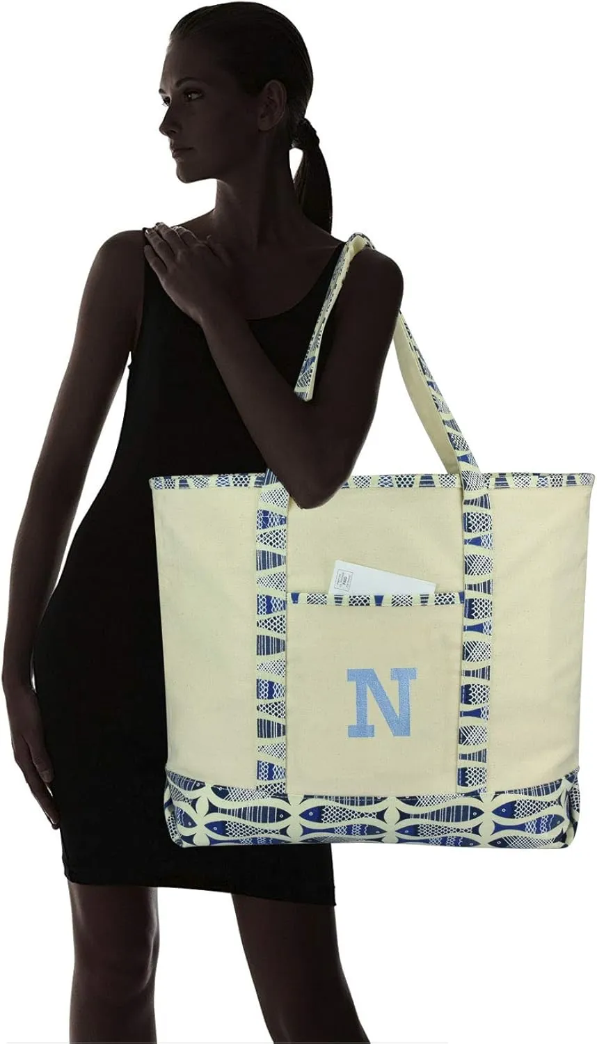 DALIX Initial Tote Bag Personalized Monogram Blue Antique Fish Zippered Top Bold Letter - N