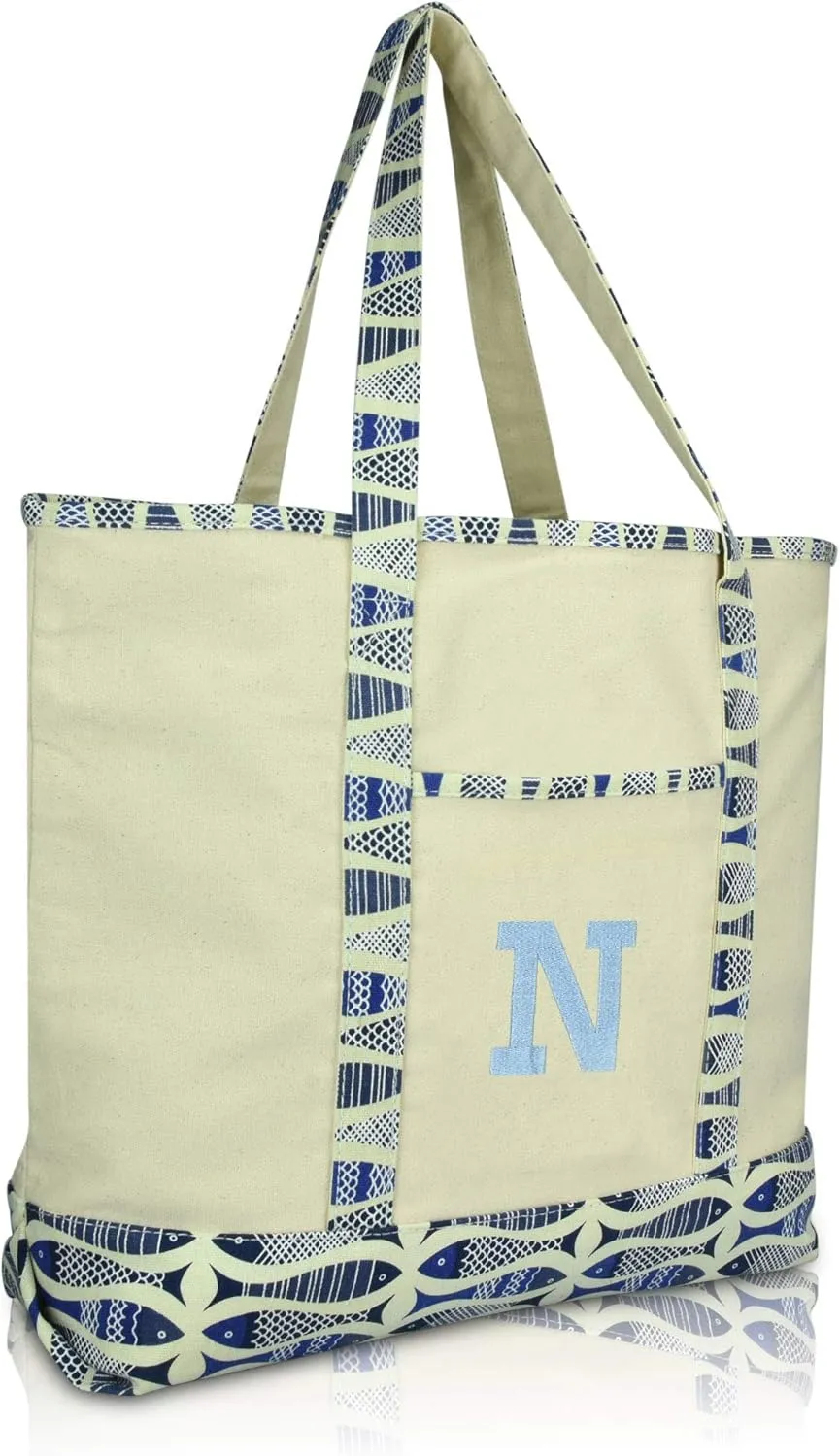 DALIX Initial Tote Bag Personalized Monogram Blue Antique Fish Zippered Top Bold Letter - N