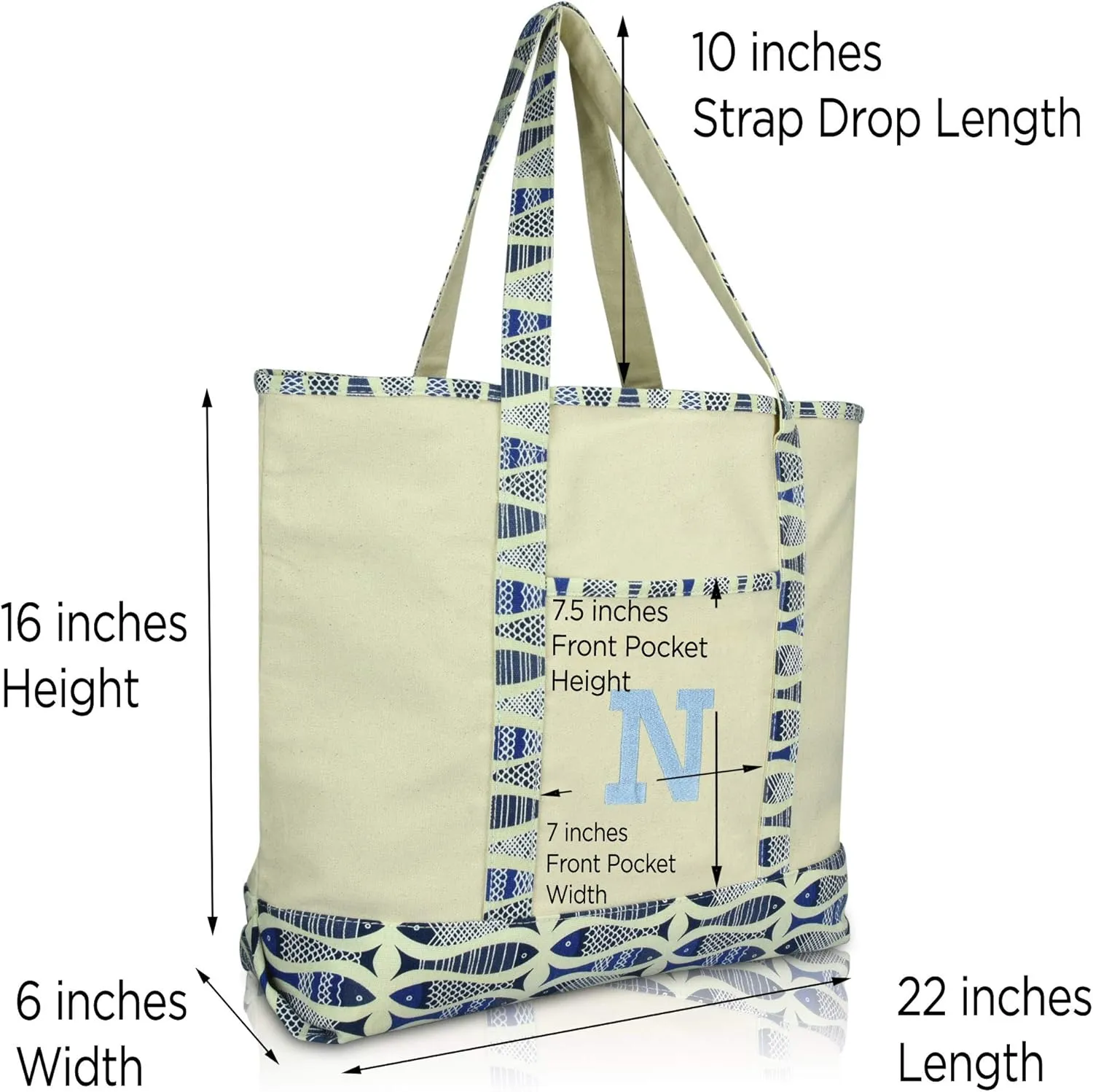 DALIX Initial Tote Bag Personalized Monogram Blue Antique Fish Zippered Top Bold Letter - N