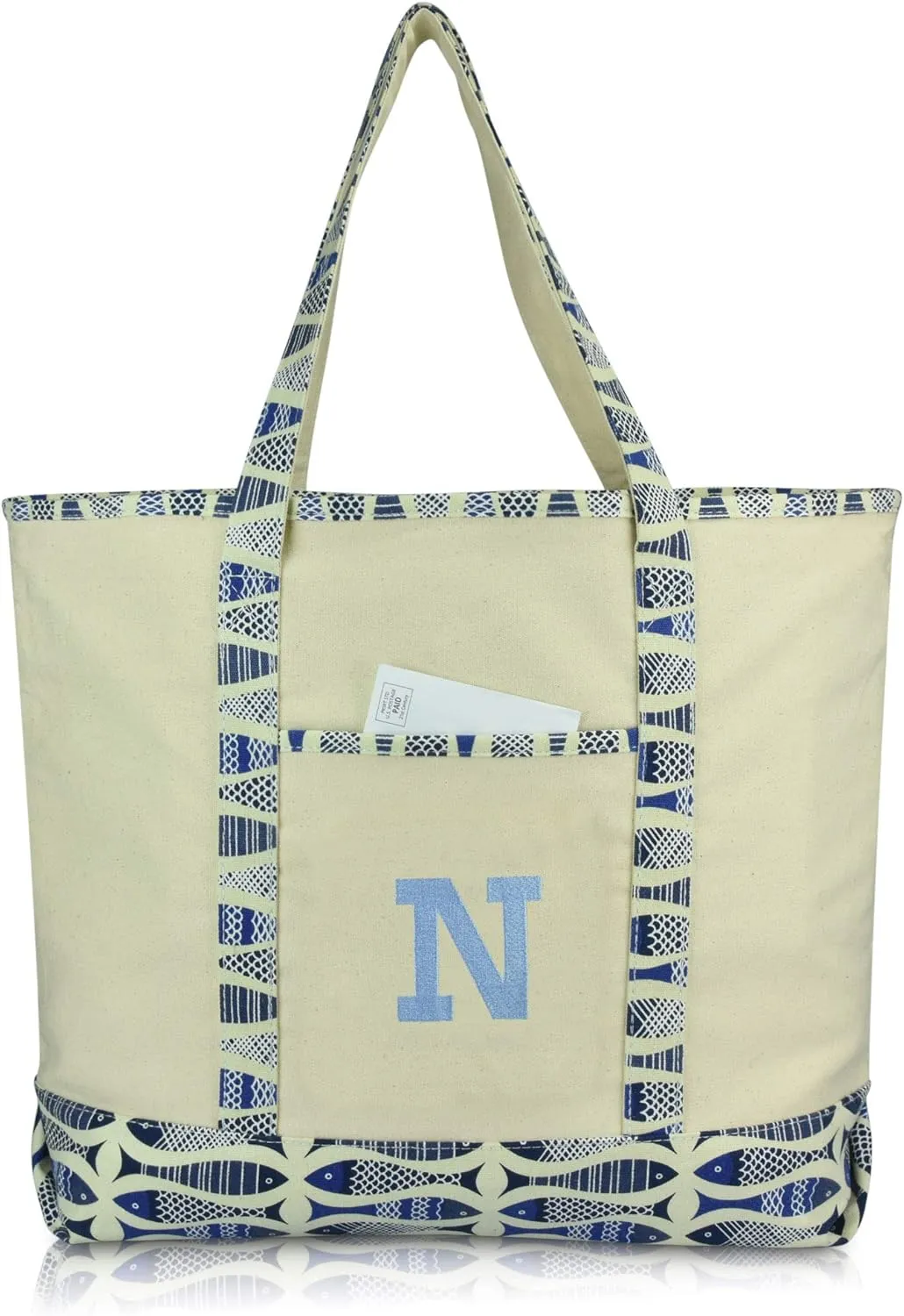 DALIX Initial Tote Bag Personalized Monogram Blue Antique Fish Zippered Top Bold Letter - N