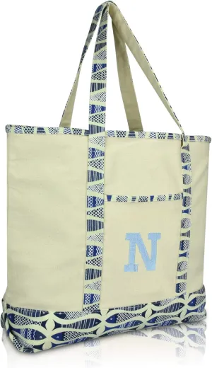 DALIX Initial Tote Bag Personalized Monogram Blue Antique Fish Zippered Top Bold Letter - N
