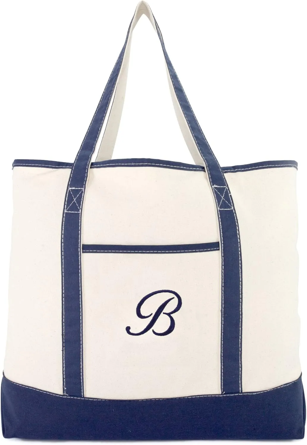 DALIX Personalized Tote Bag For Women Monogram Initial Open Top Navy Blue A-Z