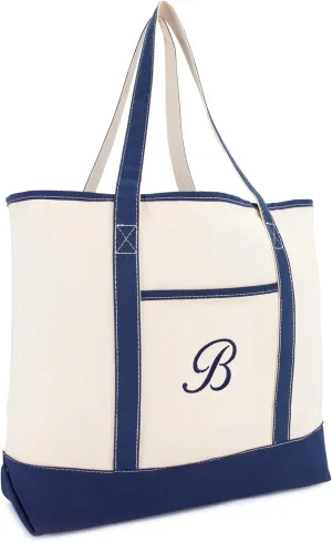 DALIX Personalized Tote Bag For Women Monogram Initial Open Top Navy Blue A-Z