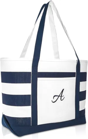DALIX Premium Beach Bags Striped Navy Blue Zippered Tote Bag Monogrammed A - Z