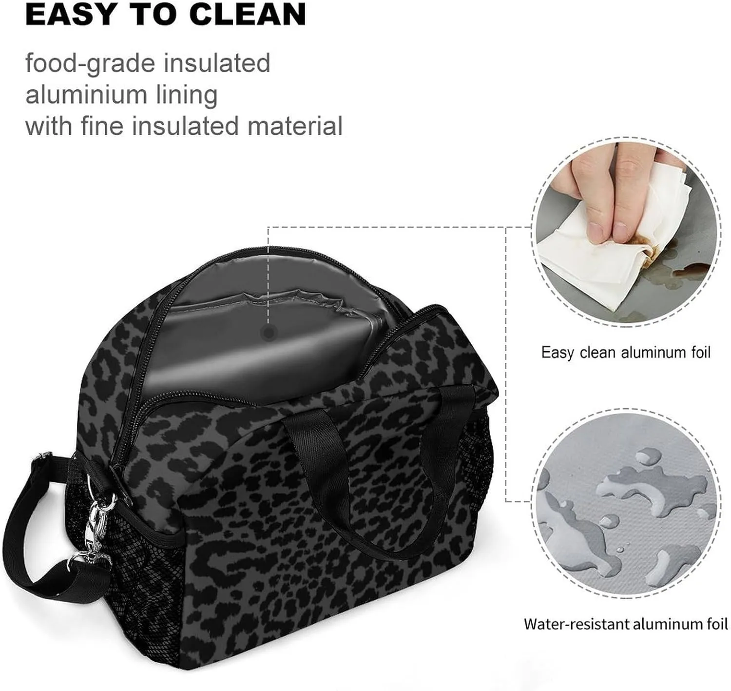 Dark Gray Black Leopard Cheetah Adjustable Shoulder Strap Insulated And Leak Proof Premium Lunch Bag Unisex