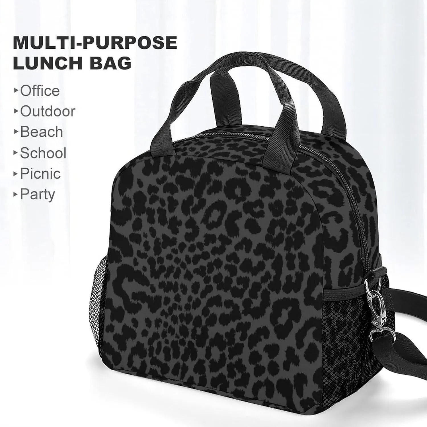 Dark Gray Black Leopard Cheetah Adjustable Shoulder Strap Insulated And Leak Proof Premium Lunch Bag Unisex