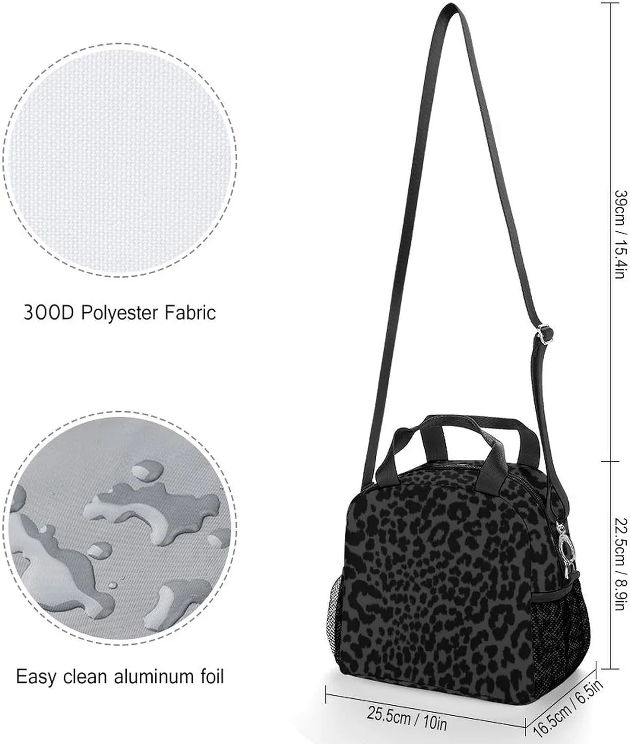 Dark Gray Black Leopard Cheetah Adjustable Shoulder Strap Insulated And Leak Proof Premium Lunch Bag Unisex