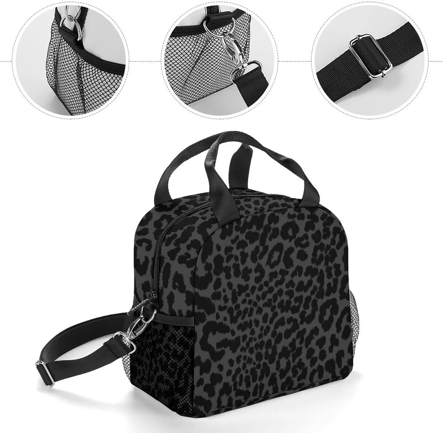 Dark Gray Black Leopard Cheetah Adjustable Shoulder Strap Insulated And Leak Proof Premium Lunch Bag Unisex