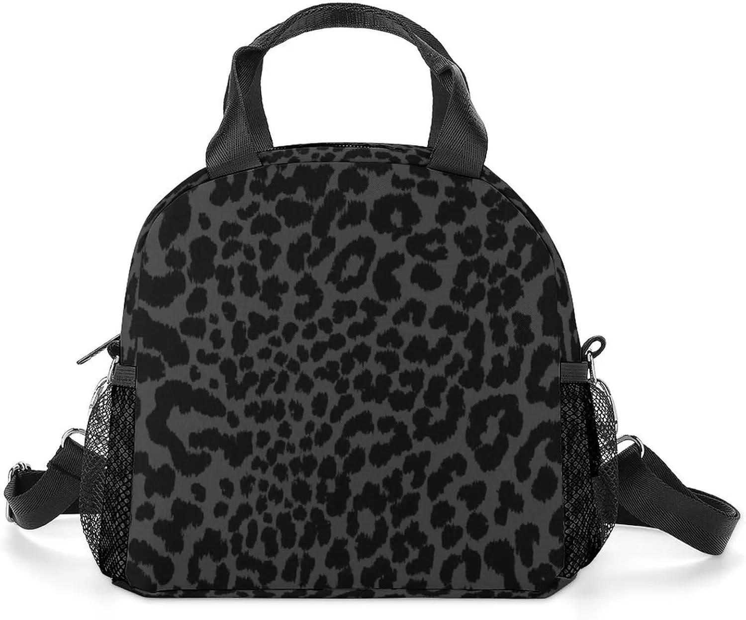 Dark Gray Black Leopard Cheetah Adjustable Shoulder Strap Insulated And Leak Proof Premium Lunch Bag Unisex