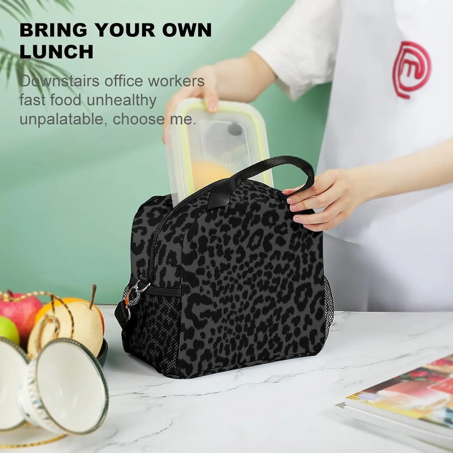 Dark Gray Black Leopard Cheetah Adjustable Shoulder Strap Insulated And Leak Proof Premium Lunch Bag Unisex