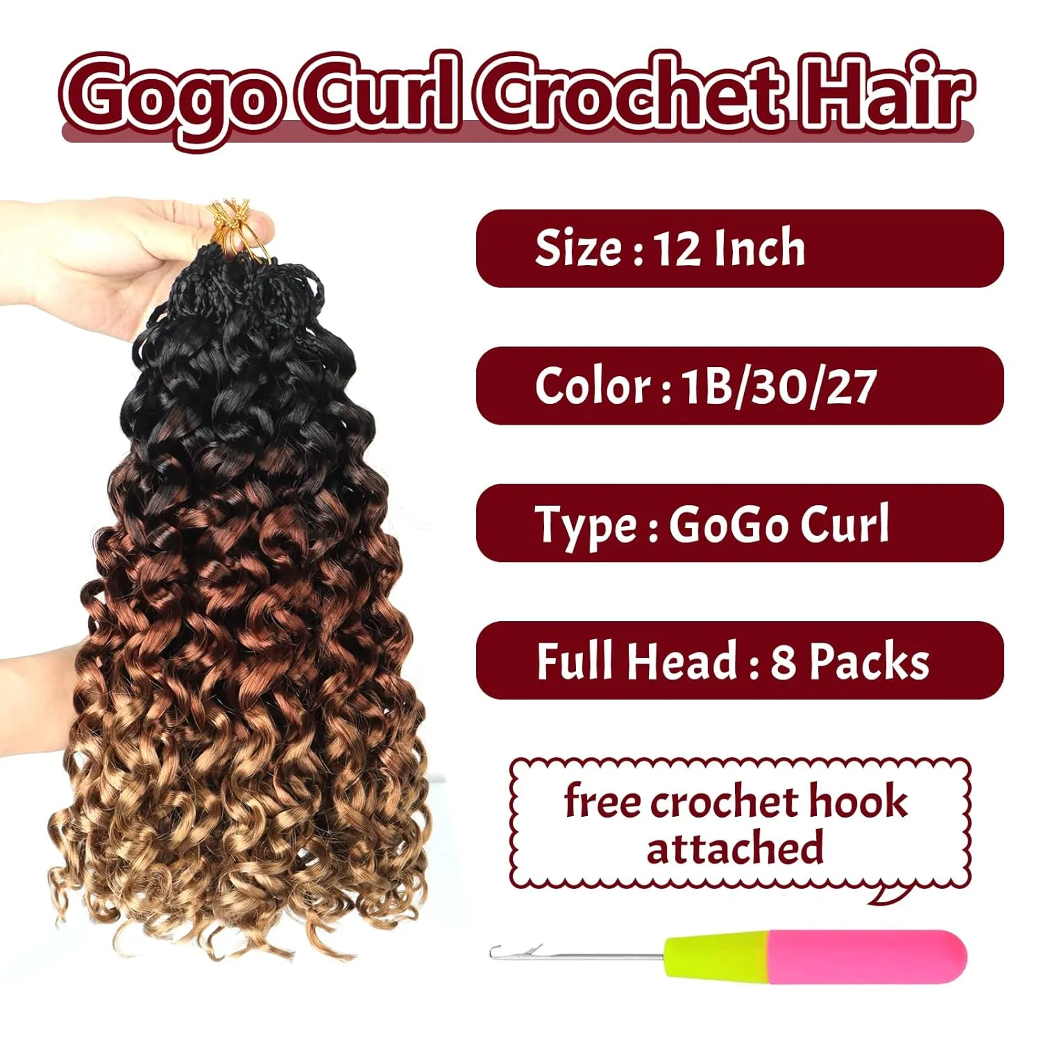 Datanala GoGo Curl Crochet Hair 12 Inch Ombre Water Wave Crochet Hair 8 Packs Long Beach Curl Crochet Braiding Hair Synthetic Extensions For Women (T1B/30/27, 12inch/8packs))