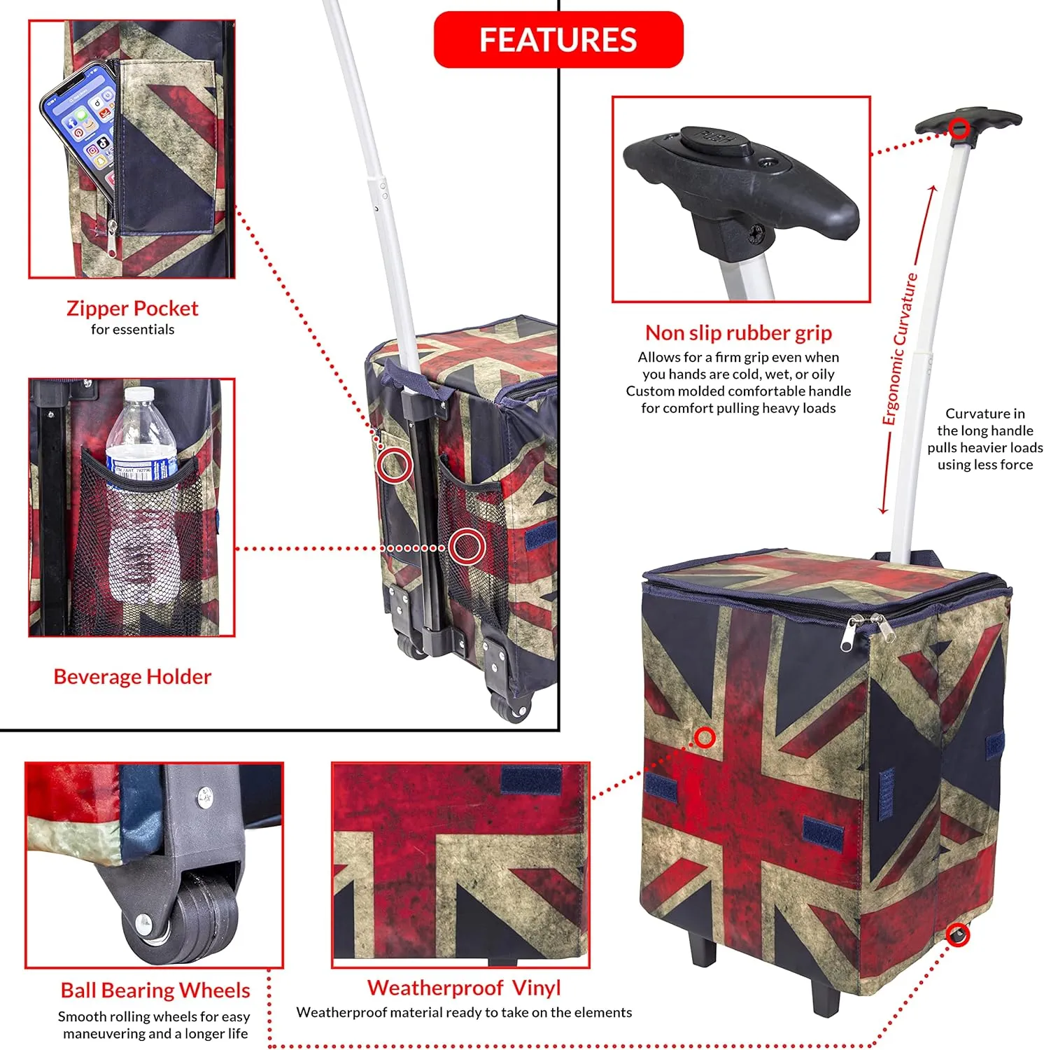 dbest products Smart Cart, Britain Collapsible Rolling Utility Cart Basket Grocery Shopping Teacher Hobby Craft Art