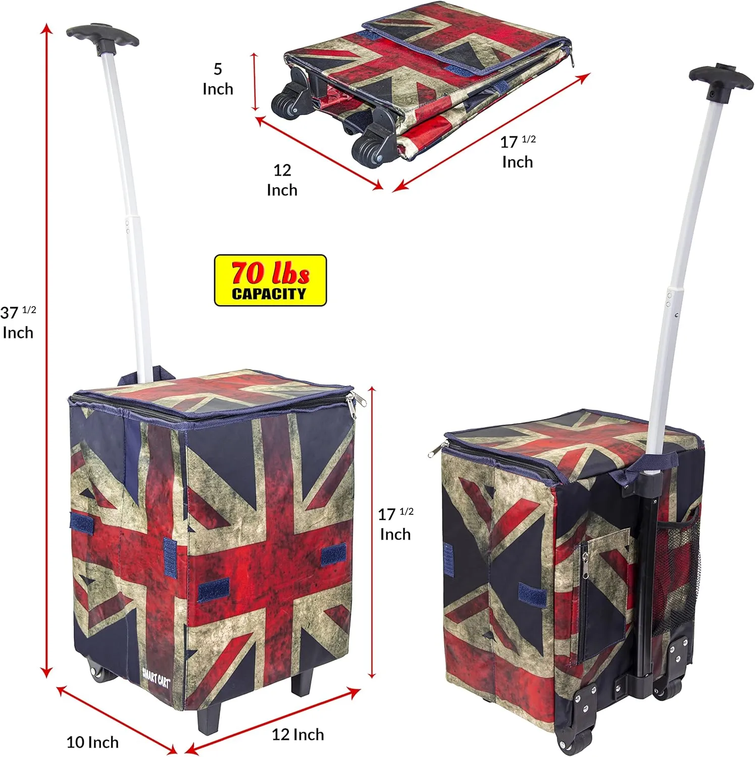 dbest products Smart Cart, Britain Collapsible Rolling Utility Cart Basket Grocery Shopping Teacher Hobby Craft Art