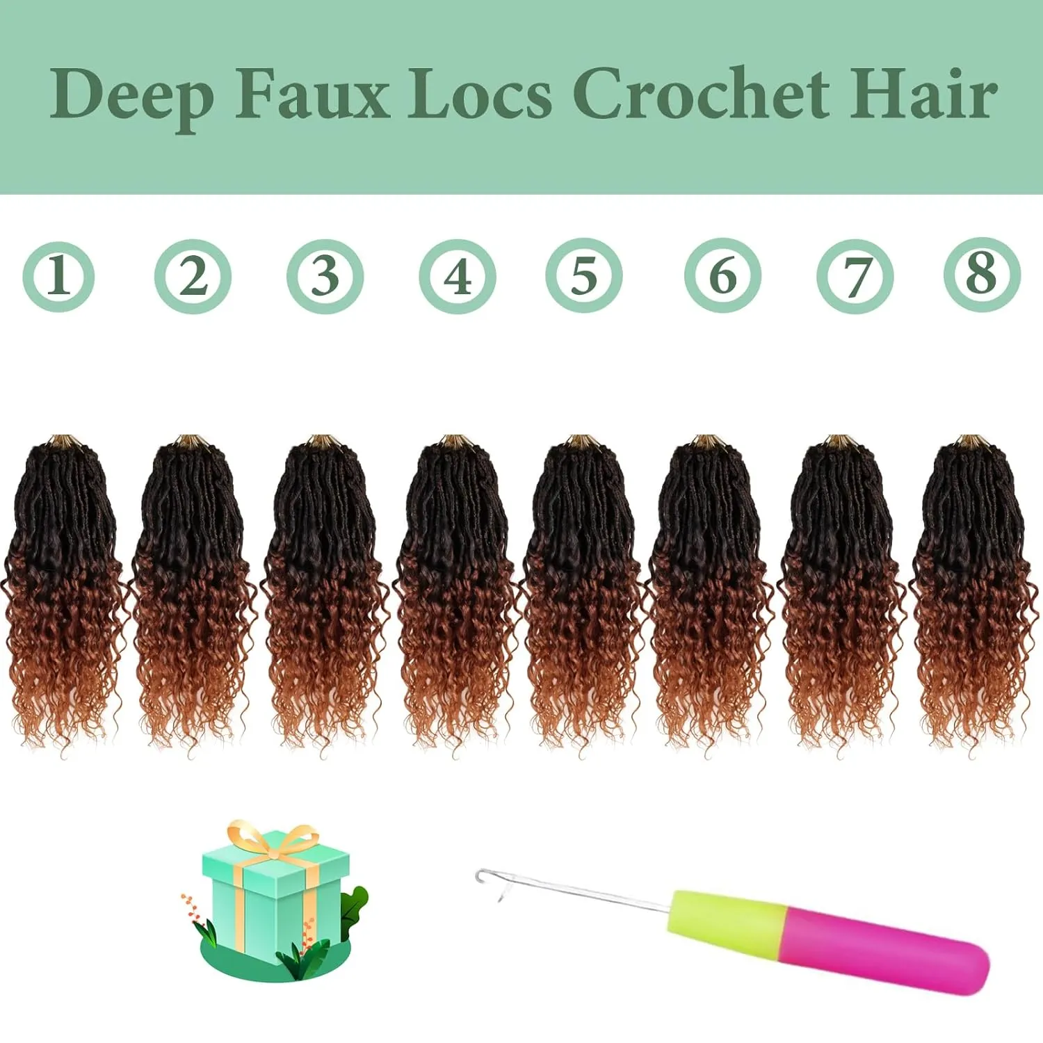 Deep Faux Locs Crochet Hair 14 Inch 8 Packs Goddess Locs Crochet Hair T350 Soft Loc Faux Loc Crochet Braids with Curly Ends Prelooped Deep Wave Croceht Braids for Black Women(Black mixed Ginger)