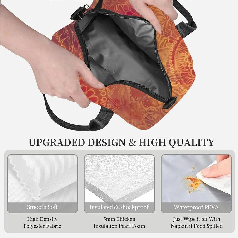 Detailed bohemian paisley and mandala motifs warm inviting hues ideal Insulated Adult Lunch Bag with Shoulder Strap for Women Lightweight Reusable Portable Freezable Lunch Tote Bag for Work Picnic