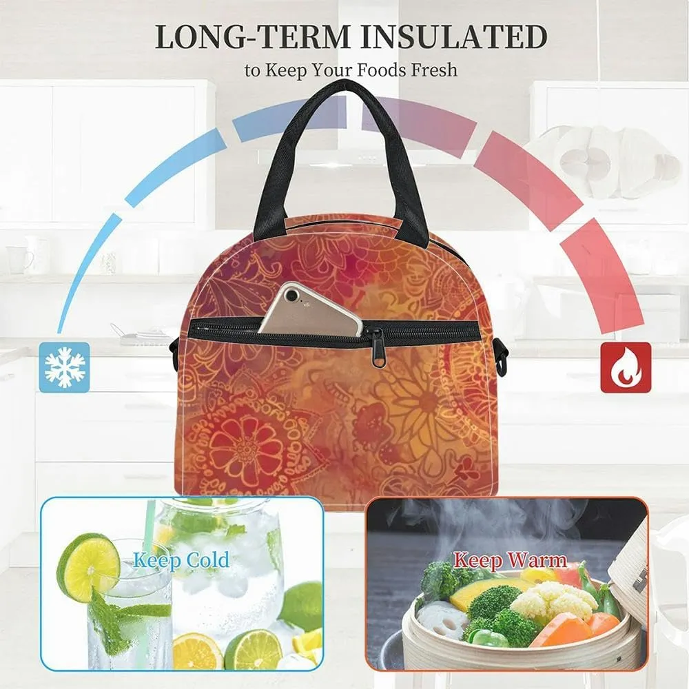 Detailed bohemian paisley and mandala motifs warm inviting hues ideal Insulated Adult Lunch Bag with Shoulder Strap for Women Lightweight Reusable Portable Freezable Lunch Tote Bag for Work Picnic