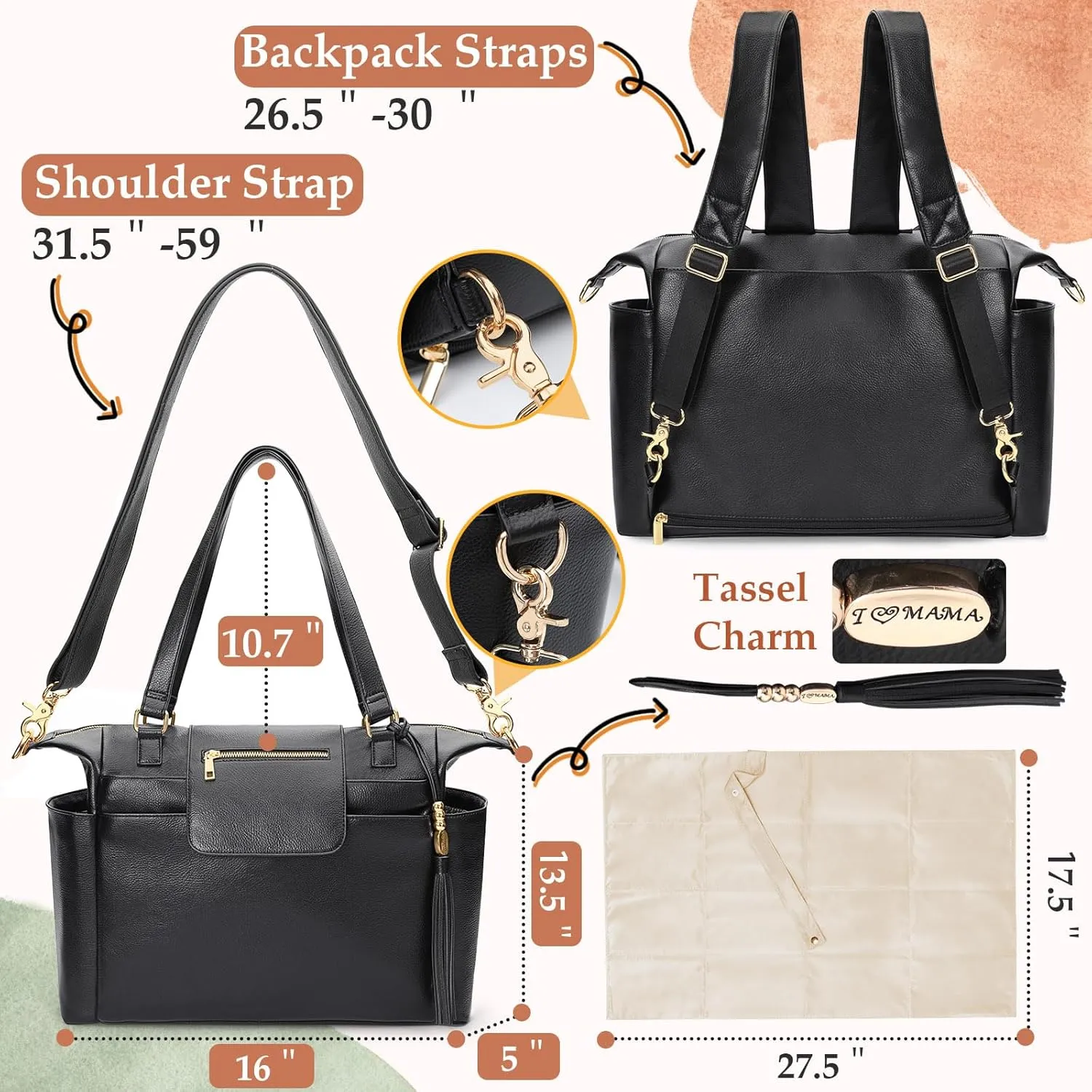 Diaper Bag Tote Leather Diaper Bag Backpack LargeBaby Diaper Bag 14 Diaper Bag Organizing Pouches,Changing Pad,Crossbody Strap,4 Insulated Pockets,Black