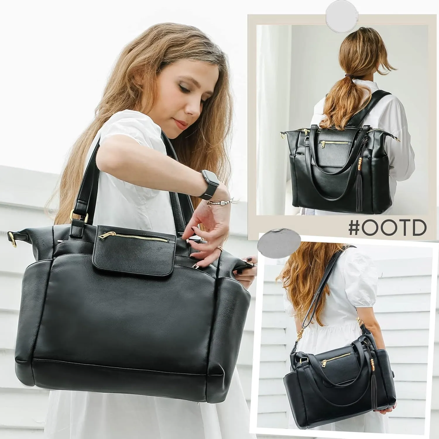 Diaper Bag Tote Leather Diaper Bag Backpack LargeBaby Diaper Bag 14 Diaper Bag Organizing Pouches,Changing Pad,Crossbody Strap,4 Insulated Pockets,Black