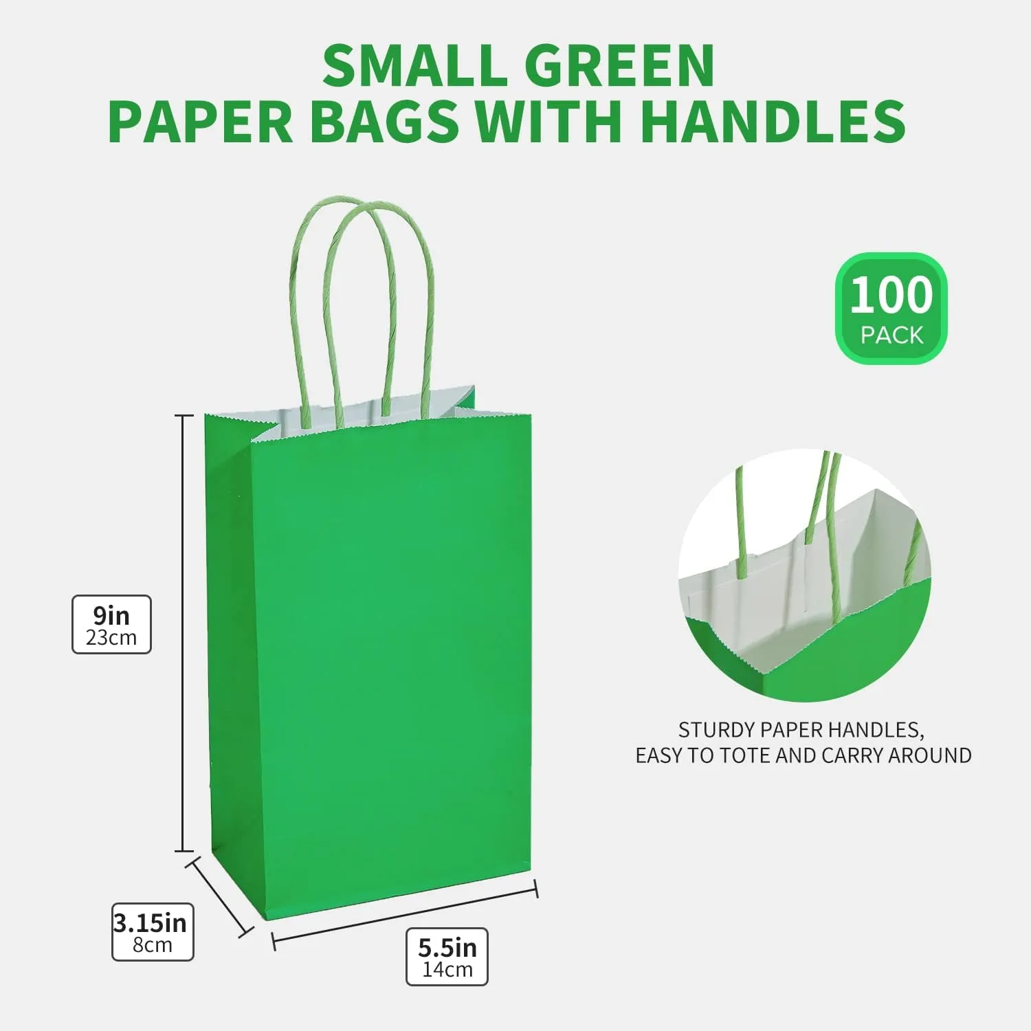 DjinnGlory 100 Pack Small-Sized 9''x5.5''x3.15'' Green Paper Gift Bags with Handles Bulk for Boutiques, Party Favors Goodies, Christmas, St. Patrick's Holiday (Solid Green)