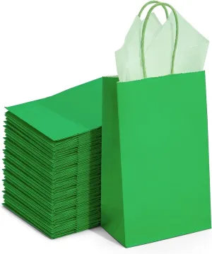 DjinnGlory 100 Pack Small-Sized 9''x5.5''x3.15'' Green Paper Gift Bags with Handles Bulk for Boutiques, Party Favors Goodies, Christmas, St. Patrick's Holiday (Solid Green)